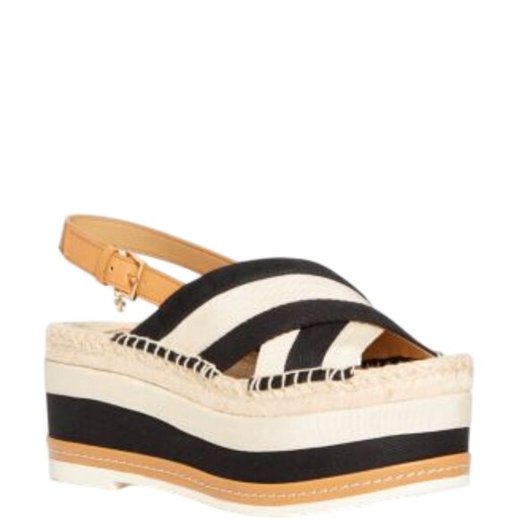 Tory Burch Grosgrain Ribbon Cream And Black Sling Back Platform Sandal, Size 8 - Picture 10 of 11